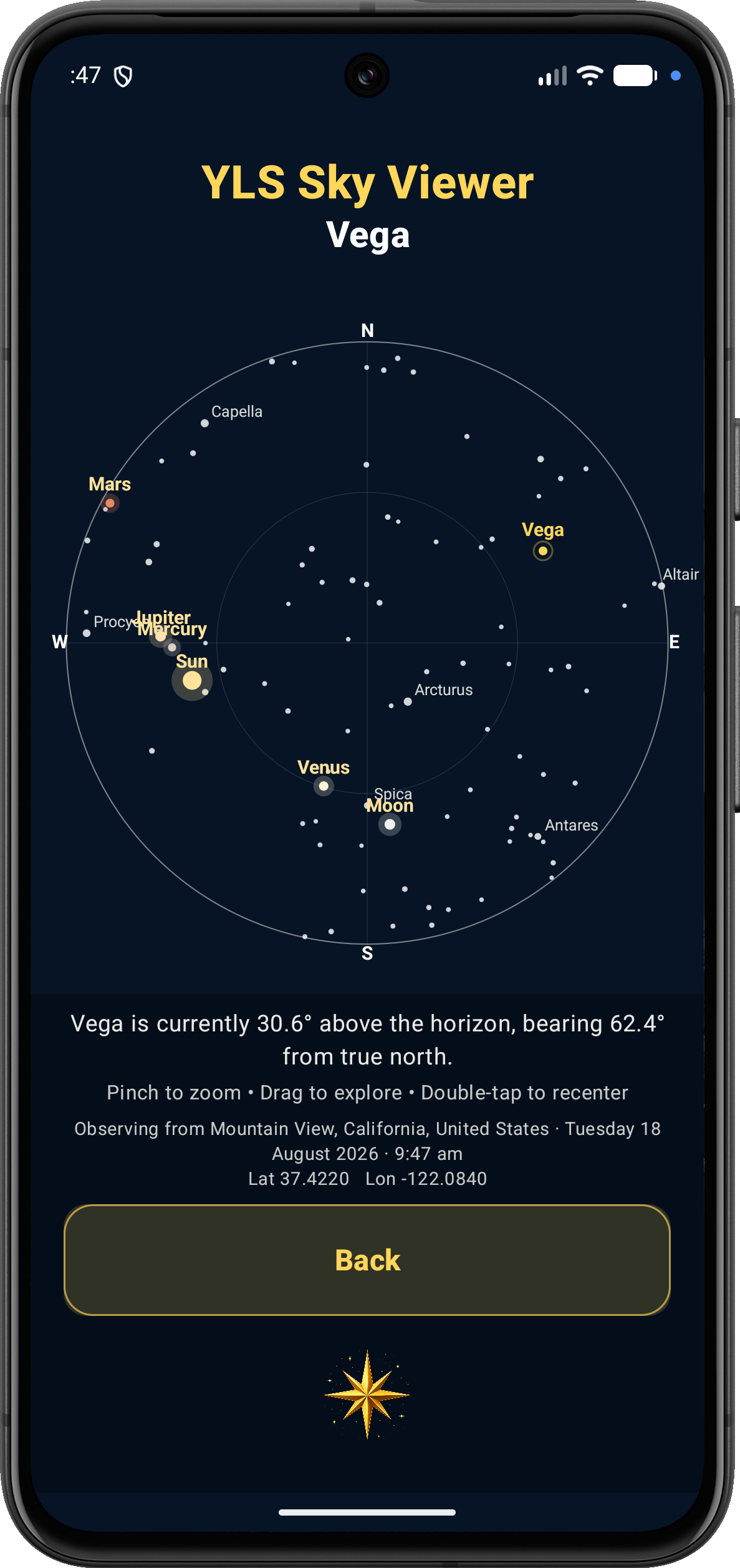YLS Sky Viewer showing Vega in the current sky