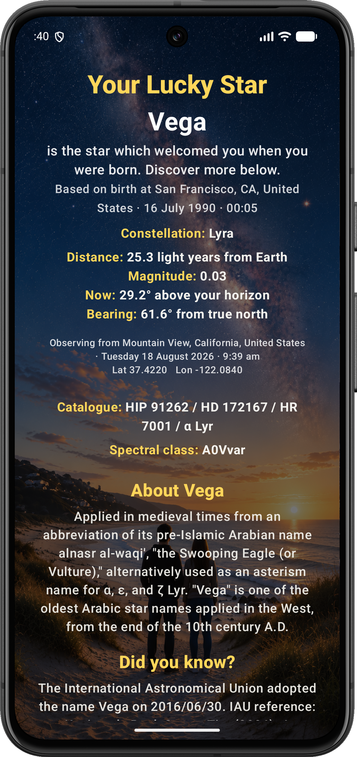 Your Lucky Star result showing Vega