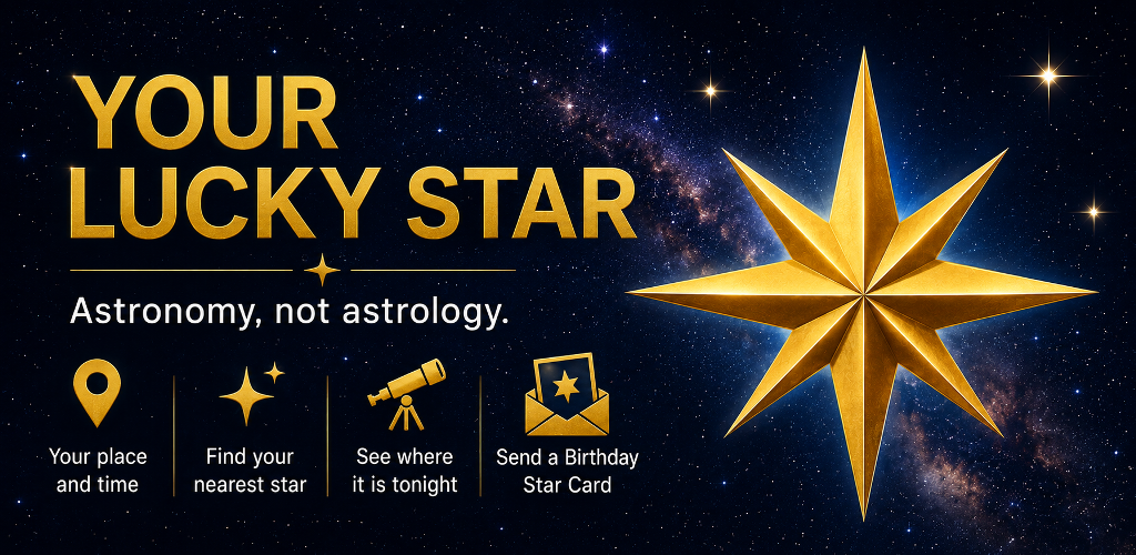 Your Lucky Star — astronomy, not astrology. Find your nearest star, see where it is tonight, and send a Birthday Star Card.
